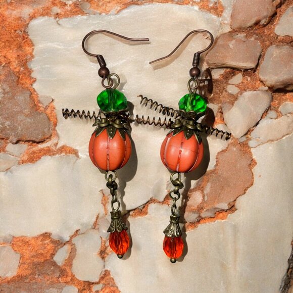 Pumpkin Bicone Bead Dangle Drop Earrings - Picture 2 of 4